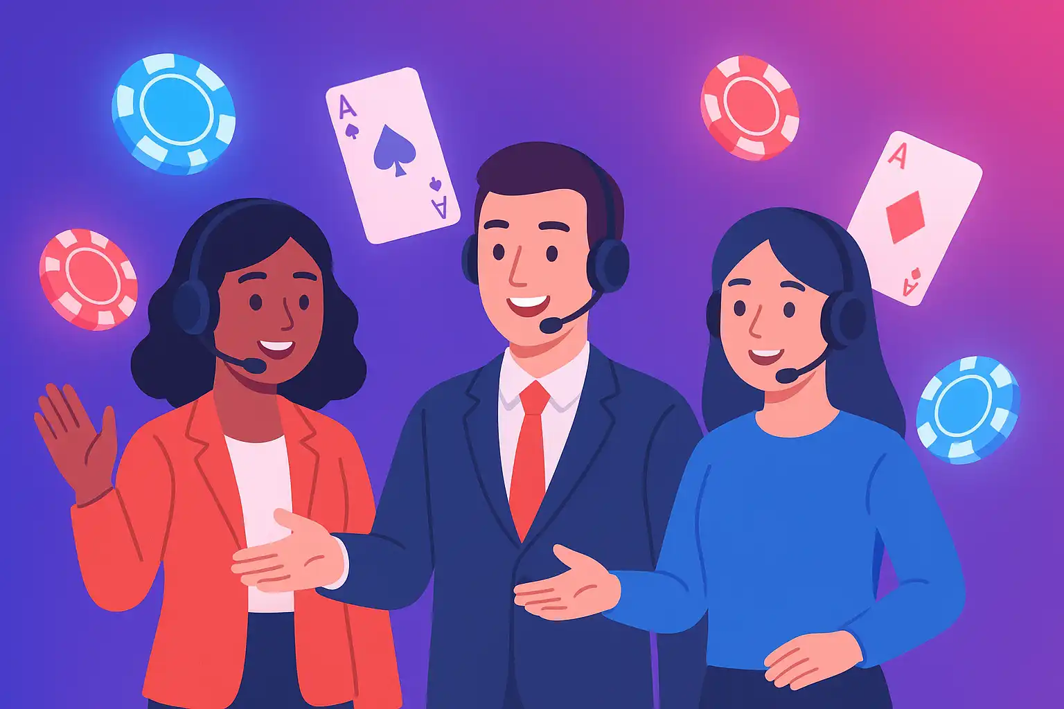 Magic Spins team illustration with glowing casino chips and cards