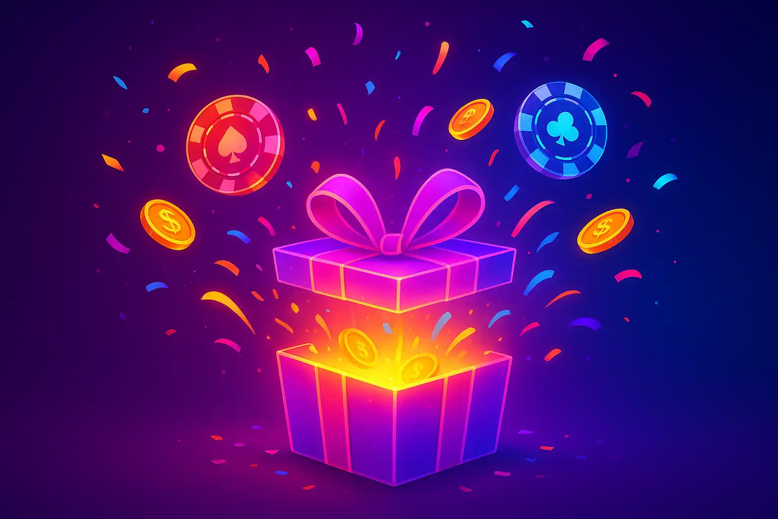 Glowing bonus coins and gift box bursting with casino chips