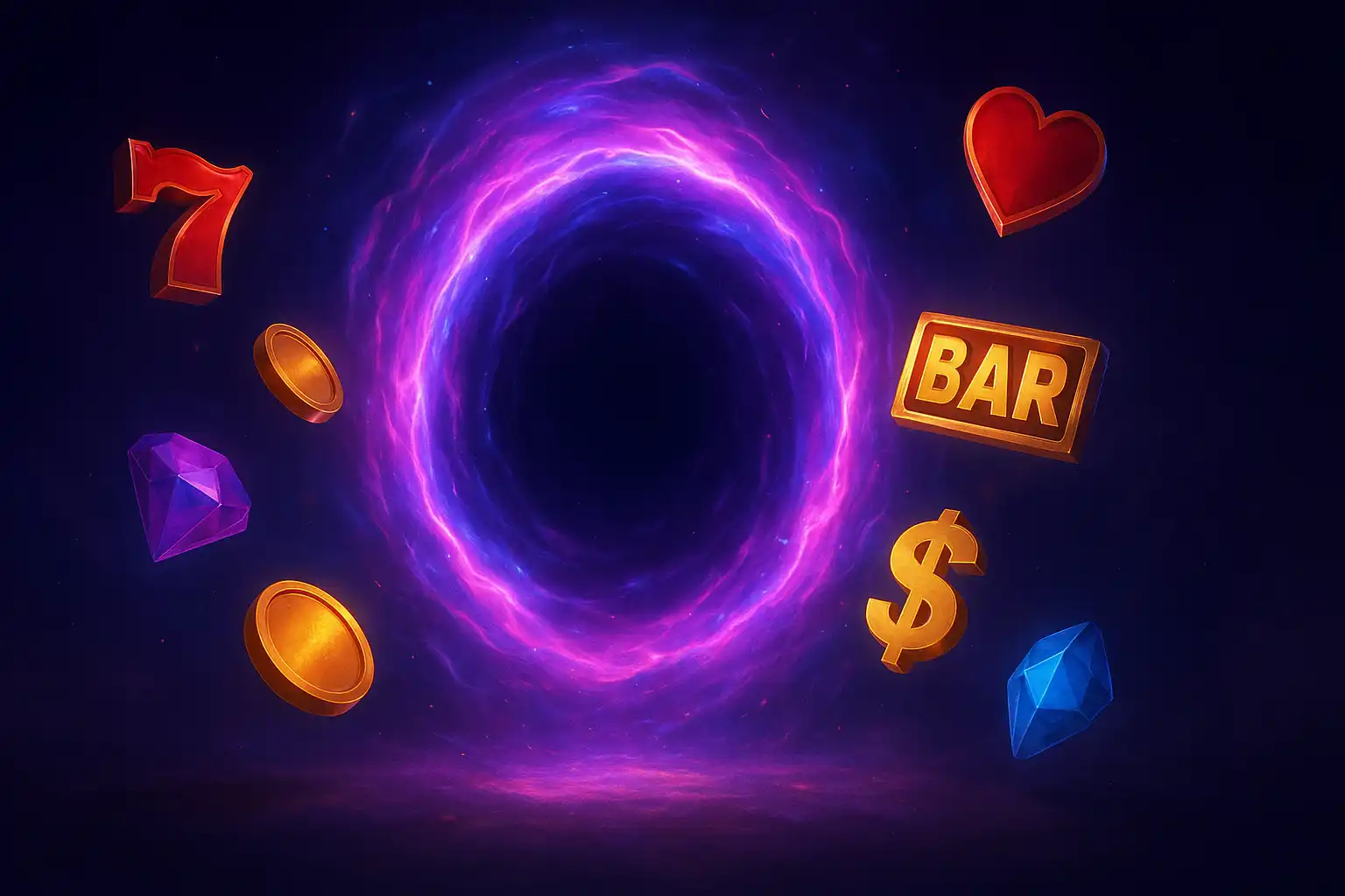 Glowing magic casino portal surrounded by slot symbols and coins