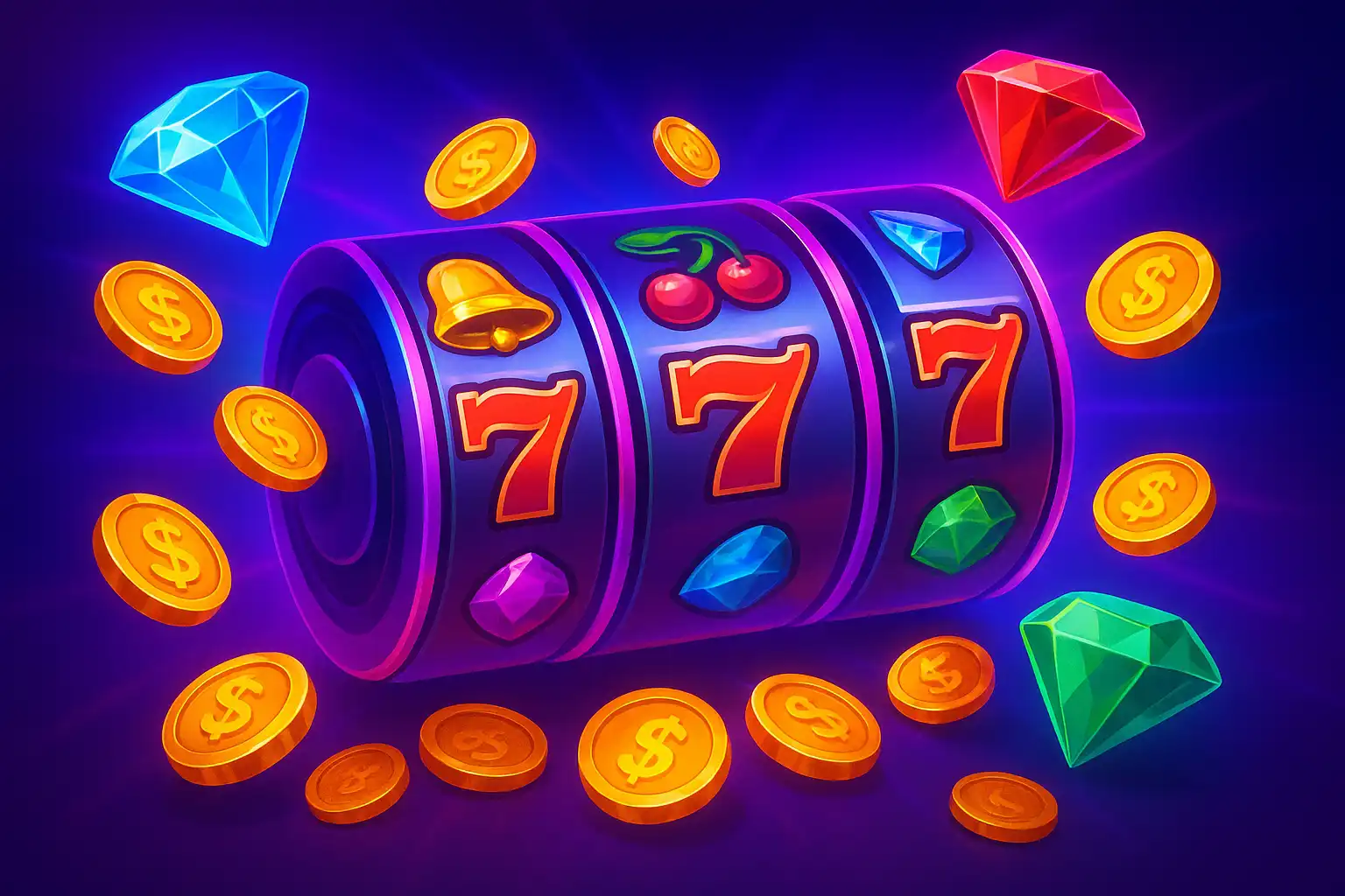 Collection of colorful slot machine reels with gold coins and gems